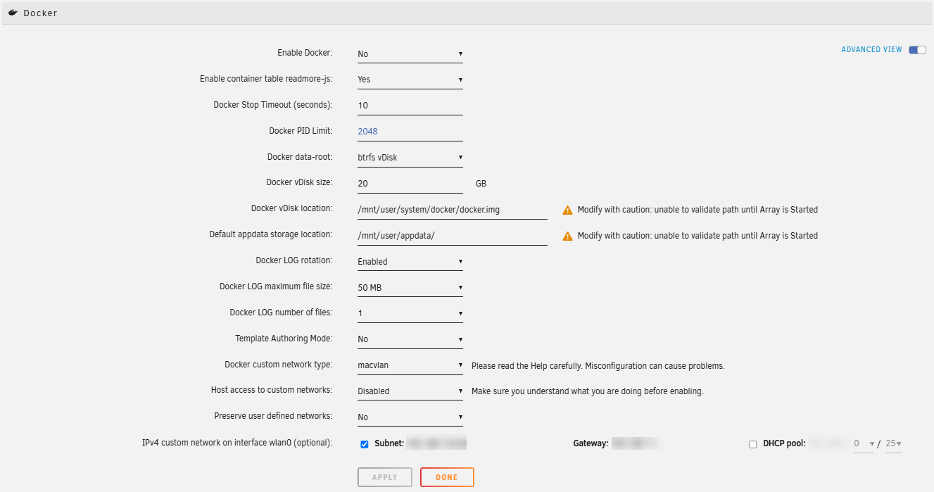 Settings - Docker